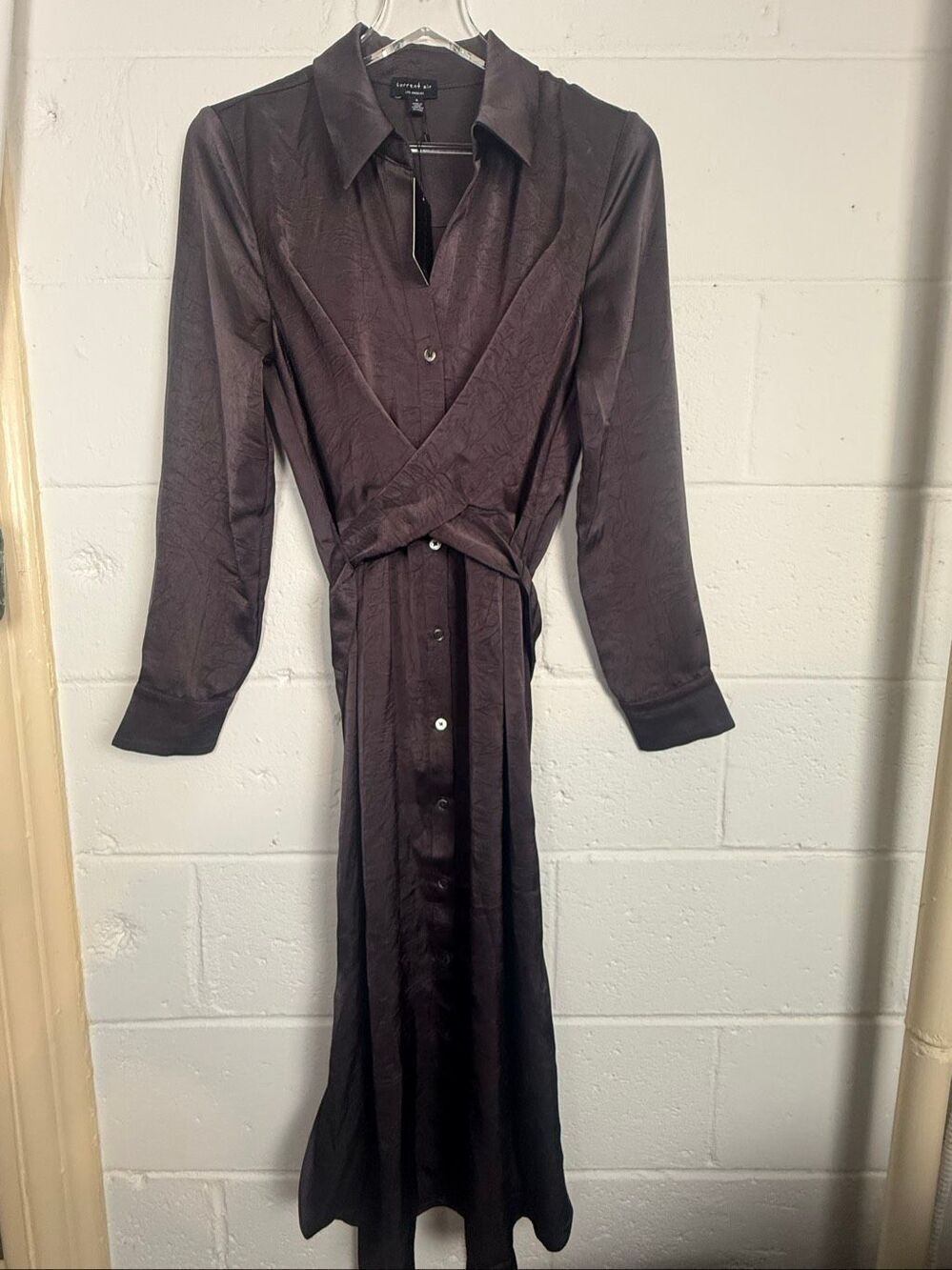 Current Air Los Angeles Dressy Satin Shirt Dress Wrap Tie Midi Dress Brown NWT S